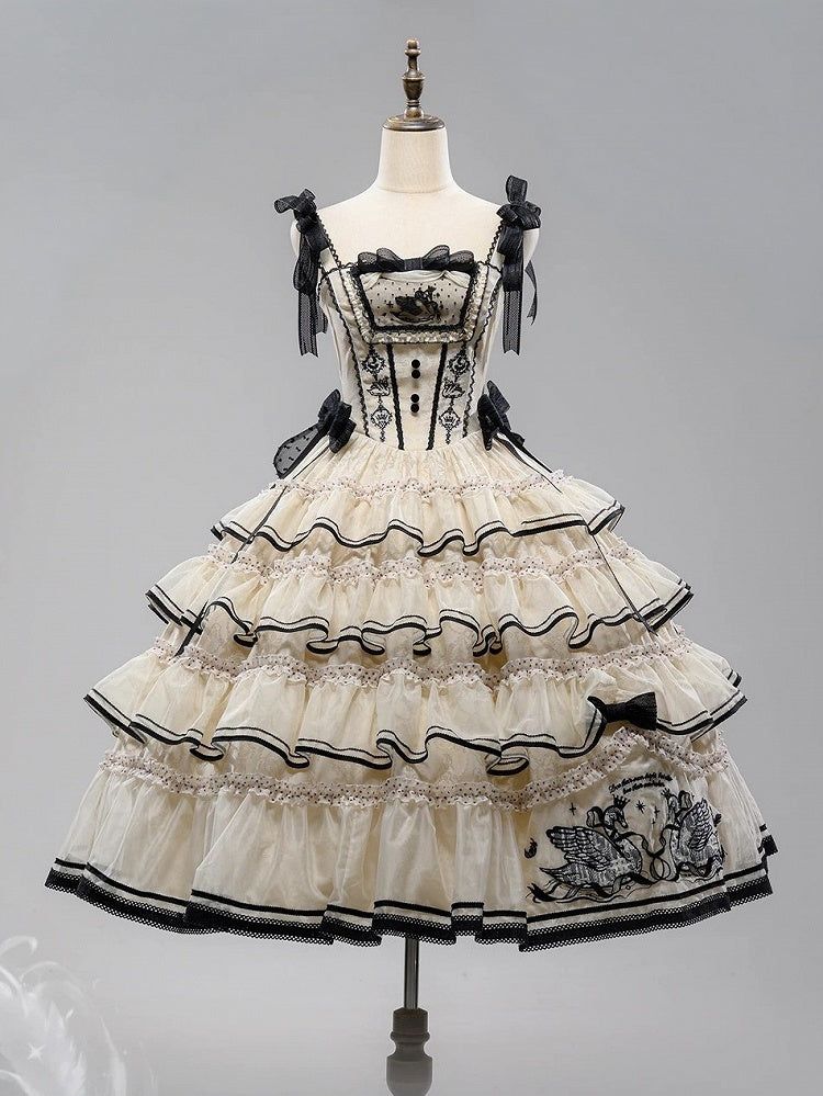 Beige and Black Swan-Embroidered Ruffled Classic Lolita JSK - image 3