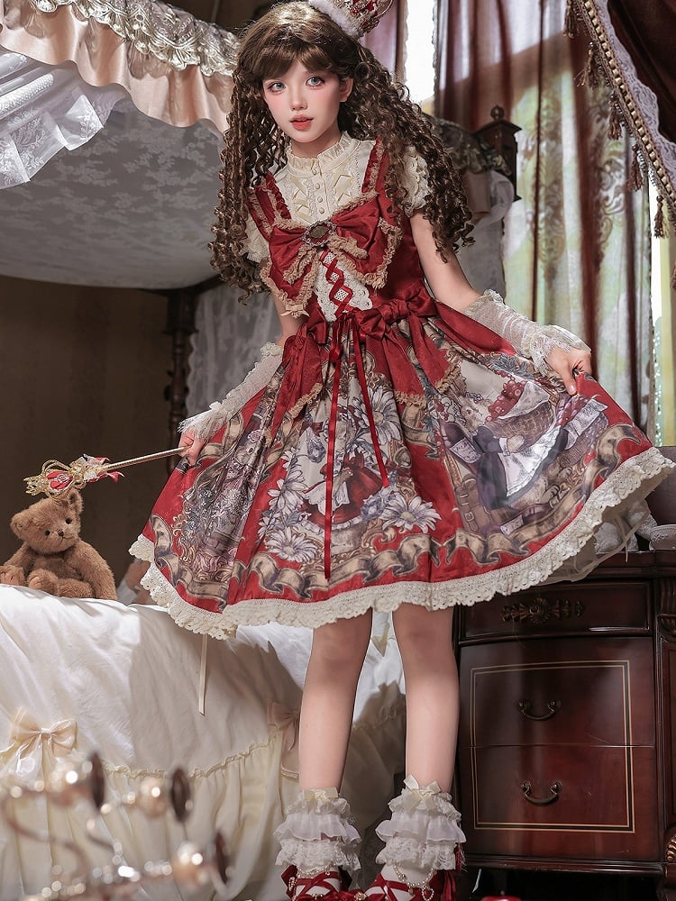 Wine and Beige Floral Lolita JSK Set with Puff-Sleeve Top and Arm Sleeves - image 3