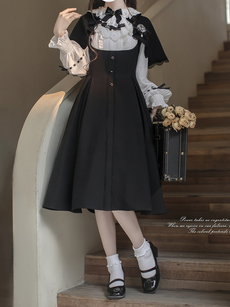 Vintage Black and White Classic Lolita Dress with Detachable Cape - image 5