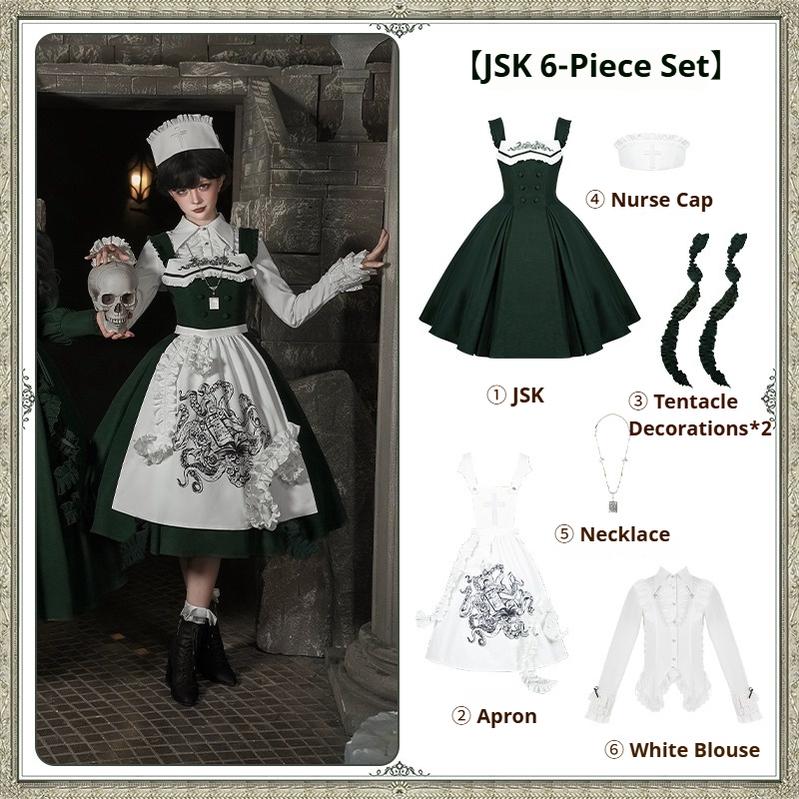 Abyss Clinic - Gothic Lolita Green Dress Set, Embroidery Accent - image 6
