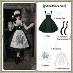 Abyss Clinic - Gothic Lolita Green Dress Set, Embroidery Accent - image 6