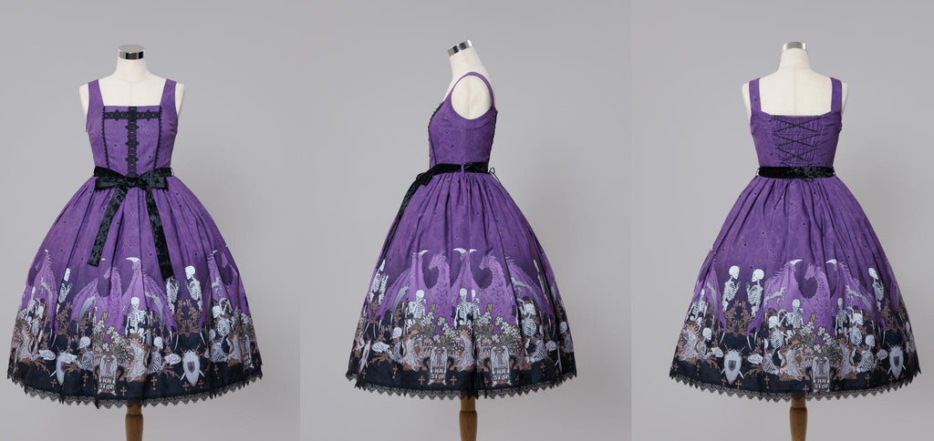 Dragon Bone Lily - Vintage Gothic Lolita Dragon & Skeleton Print JSK Dress and Accessories - image 6