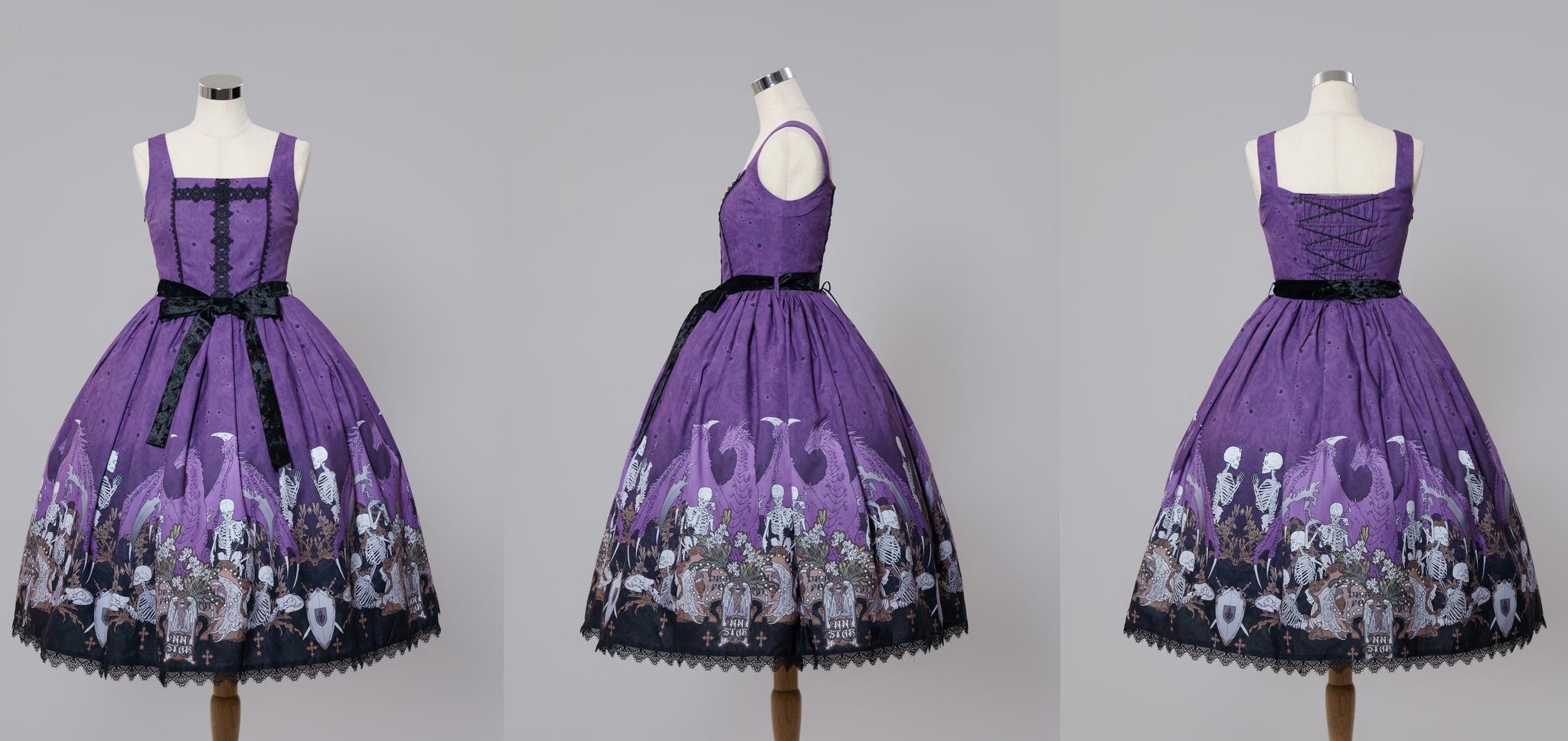 Dragon Bone Lily - Vintage Gothic Lolita Dragon & Skeleton Print JSK Dress and Accessories - image 6
