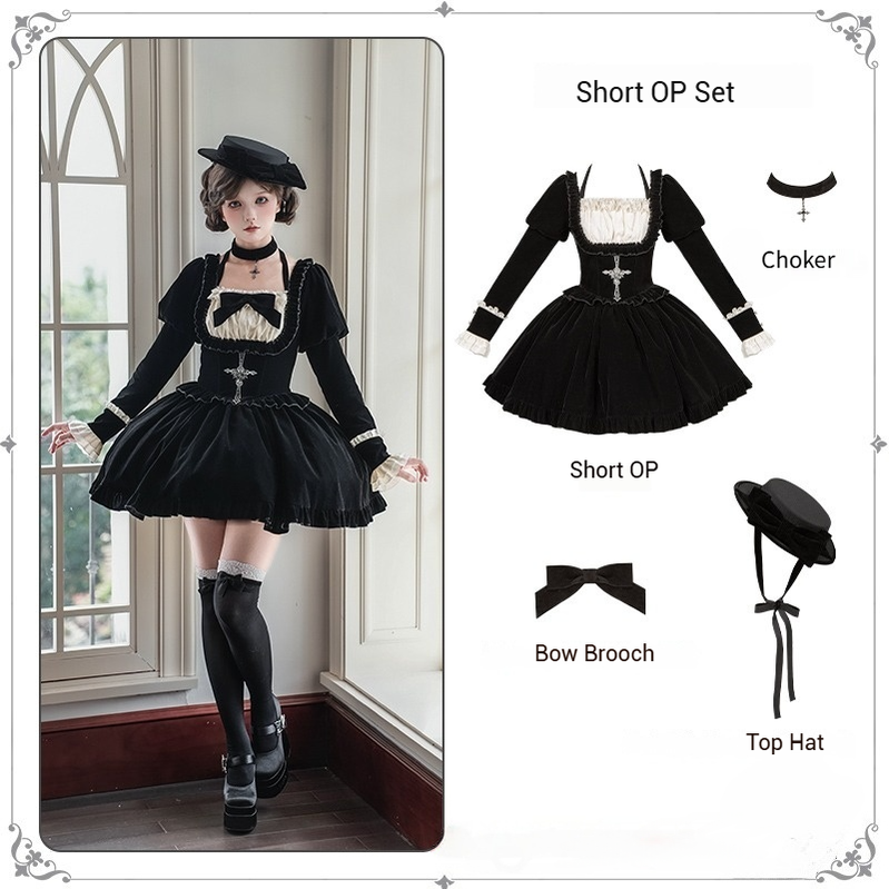 Apocalypse - Gothic Lolita Velvet OP Dress Set, Fishbone Waist - image 27
