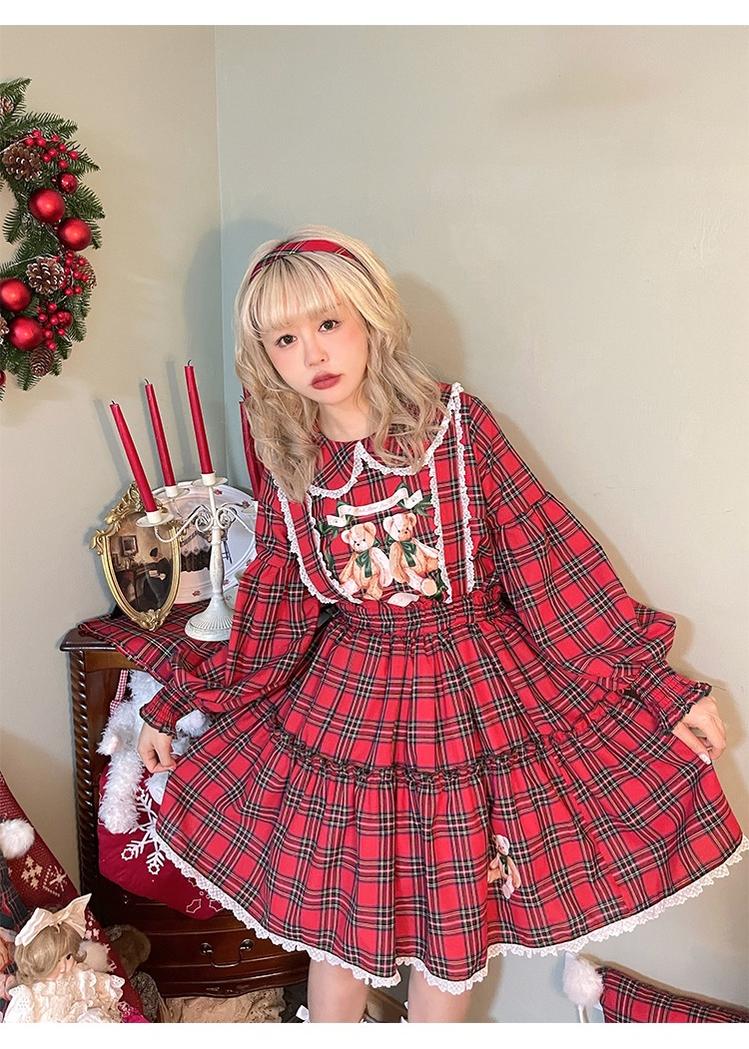 Christmas Vintage Lolita Skirts Doll Collar Blouse Plaid Skirt Set - image 8