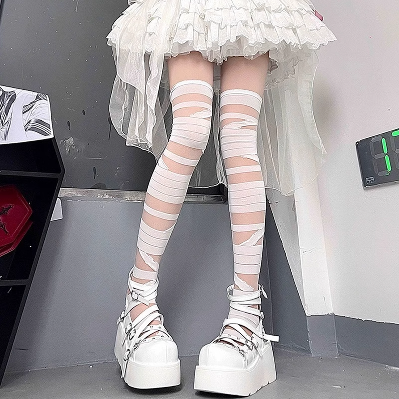 Ribbon-Tie Striped Thigh-High Lolita Socks - image 1