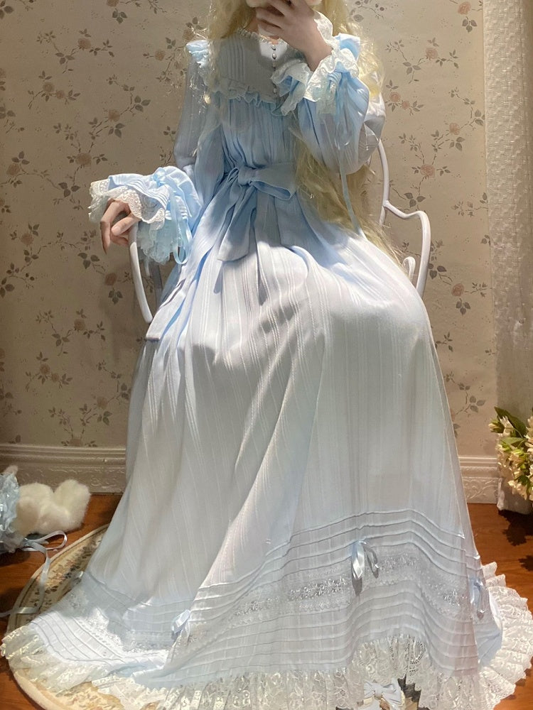 Blue Lace-Trim Long-Sleeve Lolita OP Dress with Ruffles - image 6