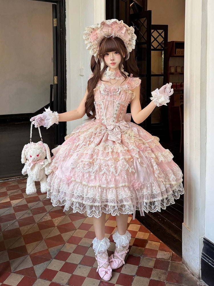 Pink Layered High-Low Lolita JSK Dress with Floral Bow Accents - image 1