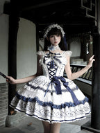 Blue and White Porcelain Corset Waist Lolita JSK Dress with Tassel Bows - image 6