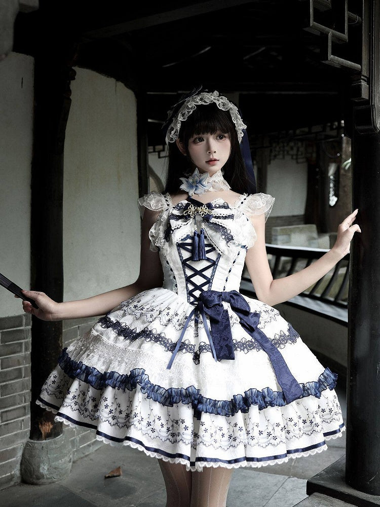 Blue and White Porcelain Corset Waist Lolita JSK Dress with Tassel Bows - image 6