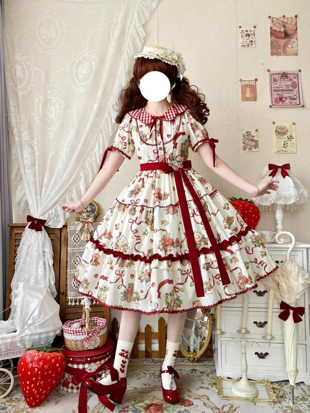 The Bear's Strawberry Field - Daily Lolita OP Dress With Petal Collar & Bear Strawberry Print and Accessories - image 1