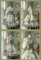 Teacup Bunny - Classic Lolita OP Dress, Fresh Green Floral Print and Accessories - image 8