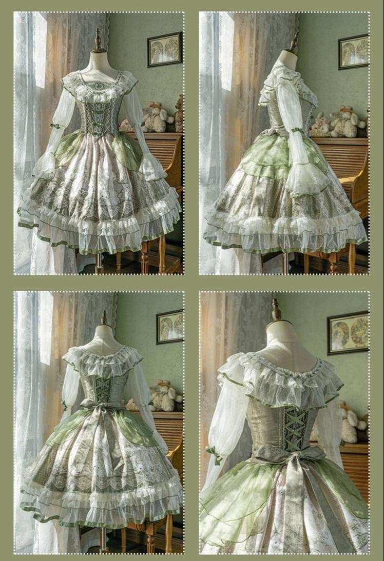 Teacup Bunny - Classic Lolita OP Dress, Fresh Green Floral Print and Accessories - image 8