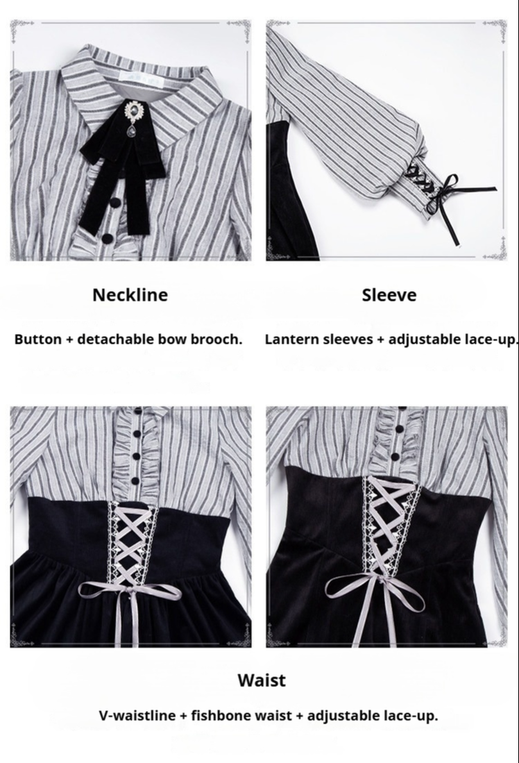 Dusk Moment - Classic Lolita Striped OP & Mermaid Dress Set, Fishbone Waist - image 24