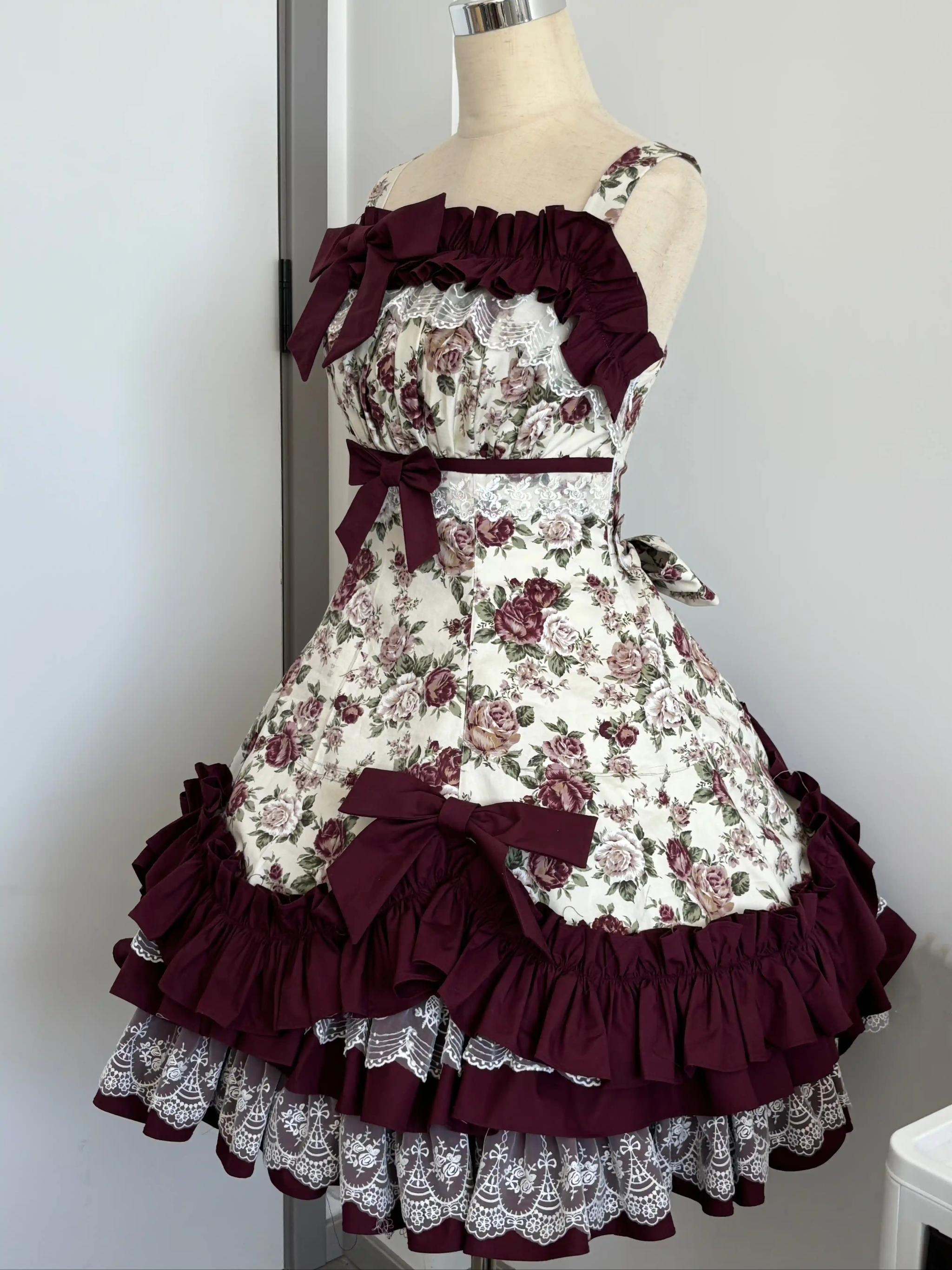 Burgundy Rose - Floral Printed Old School Lolita JSK, Elegant Cape and Accessories - image 18