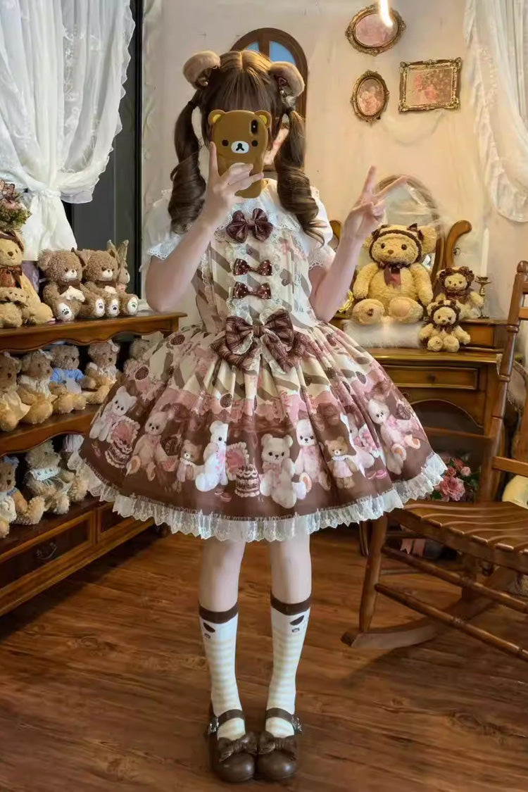 Chocolate Brownie - Sleeveless Printed Ruffled Bow Lace Sweet Lolita Strap Dress 2 Colors - image 5