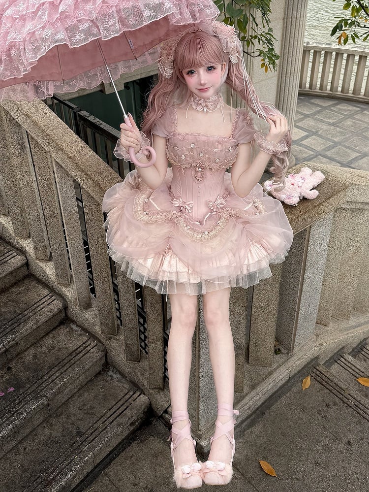 Pink Balletcore Princess Lolita Corset Top and Ruffle Skirt Set - image 7