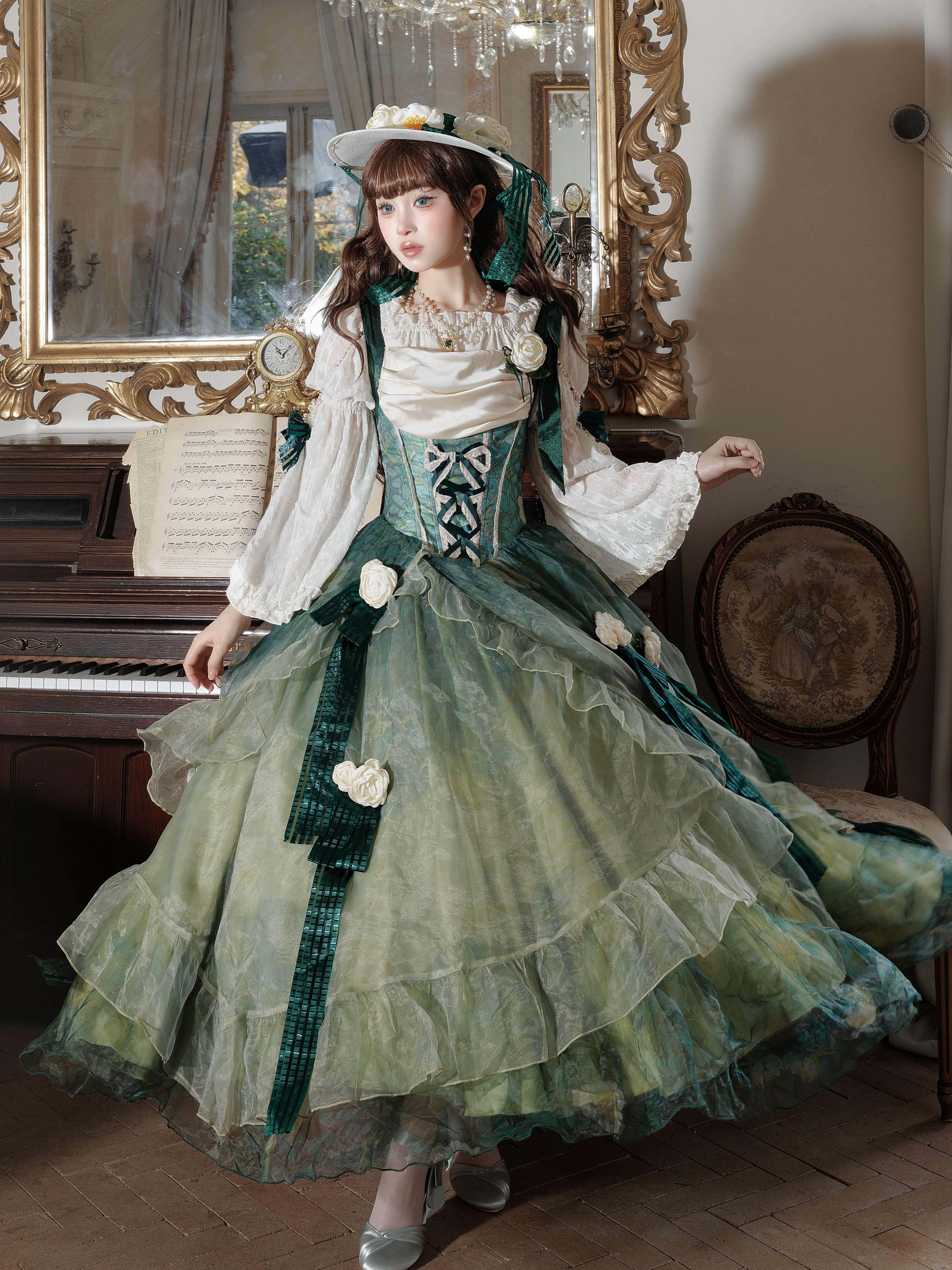Wild Roses of Arles Purple Green Oil Painting Print Cowl Neck Tail JSK Classic Lolita Dress and Accessories - image 5