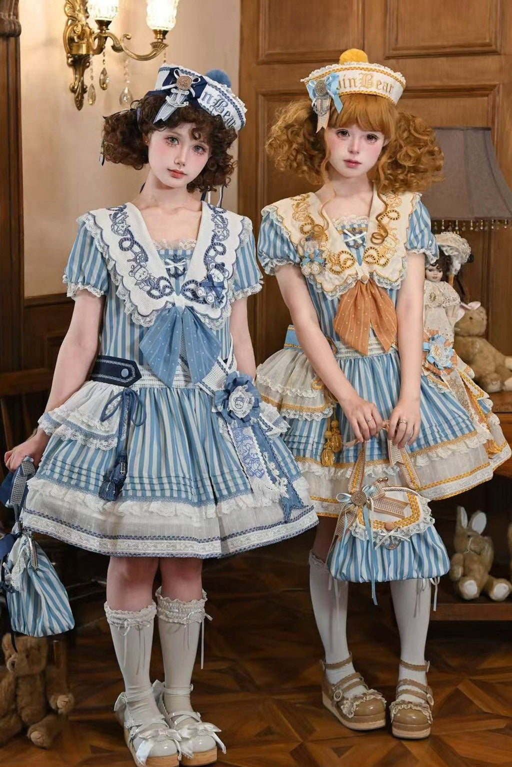 Antique Sailor Bear Blue Stripe Low Waist Lolita OP Dress - image 1