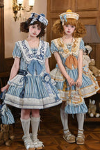 Antique Sailor Bear Blue Stripe Low Waist Lolita OP Dress - image 1