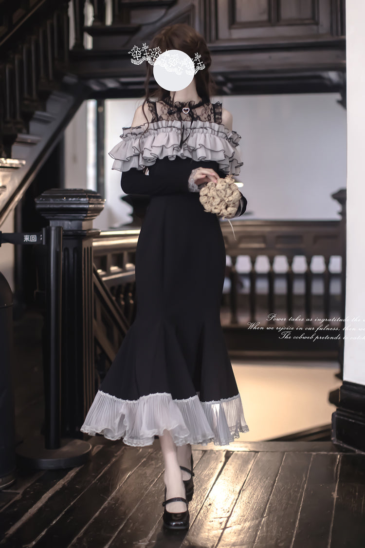 Night Cherry Blossoms Sweet Elegant Lolita Fishtail OP Dress in Black - image 3