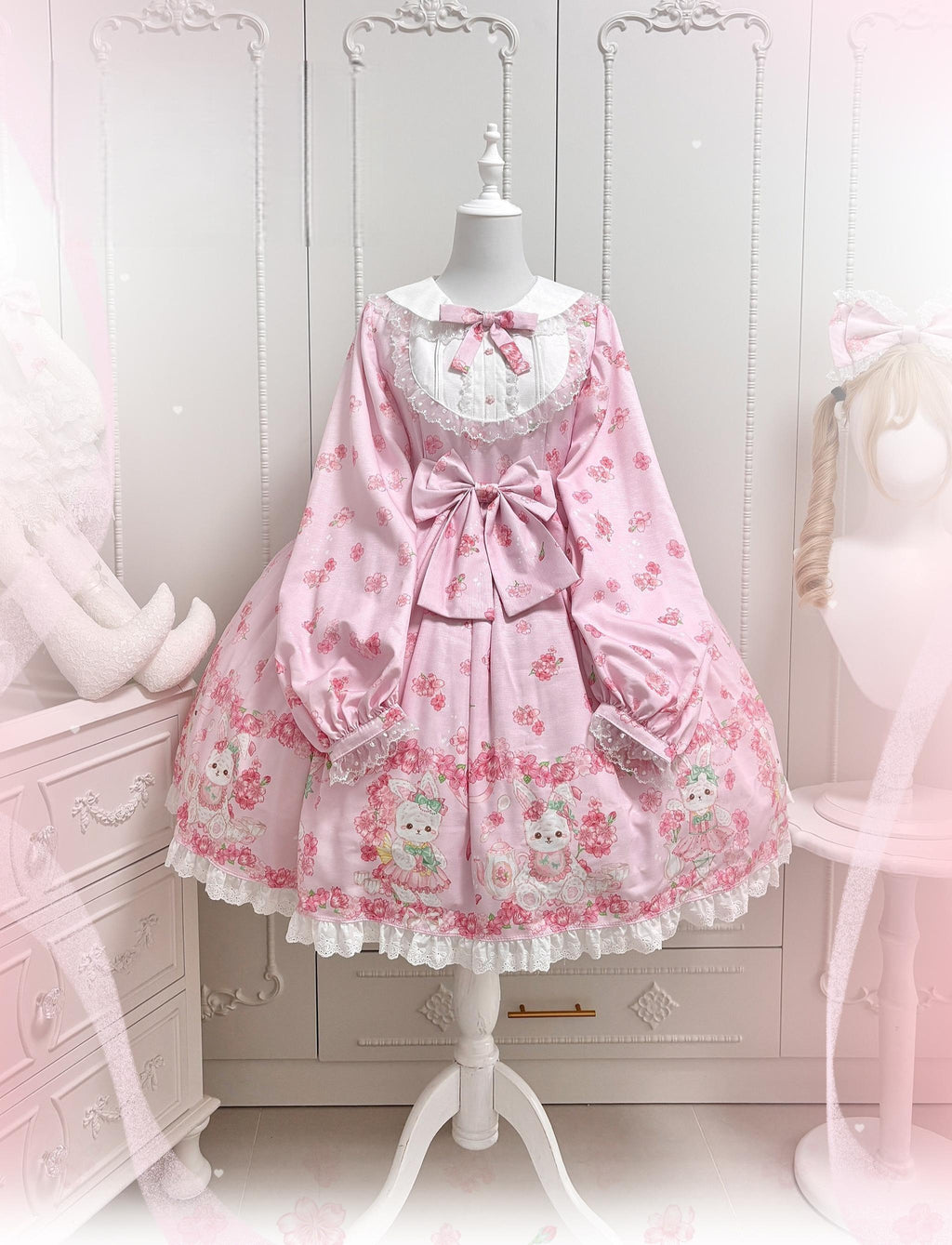 Sakura Bunny - Kawaii Lolita Sakura Print OP Dress, Side Pockets - image 3