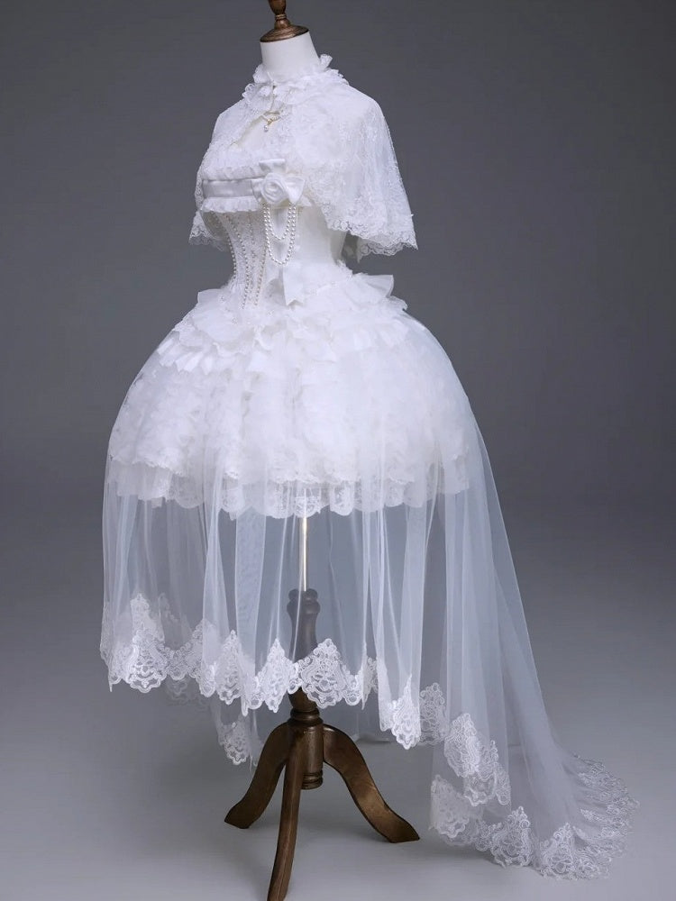White Hime Lolita Elegant JSK Dress Cape Brooch and High-Low Overlay Set - image 1