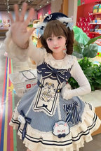 Ride the Wind and Waves - Double-Layered Printed Ruffled Bow Lace Sweet Lolita JSK Dress Set (Coat Included) - image 12