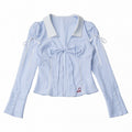 Sky Blue Embroidered Stripe Blouse with Lace Collar and Music Motif - PINK SAVIOR - image 1