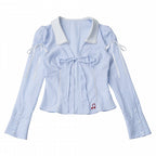 Sky Blue Embroidered Stripe Blouse with Lace Collar and Music Motif - PINK SAVIOR - image 1