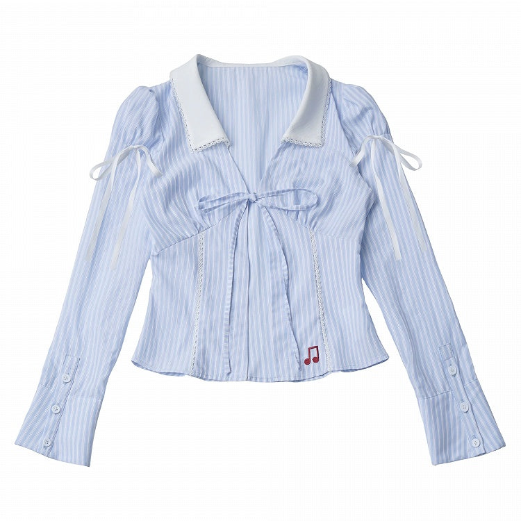 Sky Blue Embroidered Stripe Blouse with Lace Collar and Music Motif - PINK SAVIOR - image 1