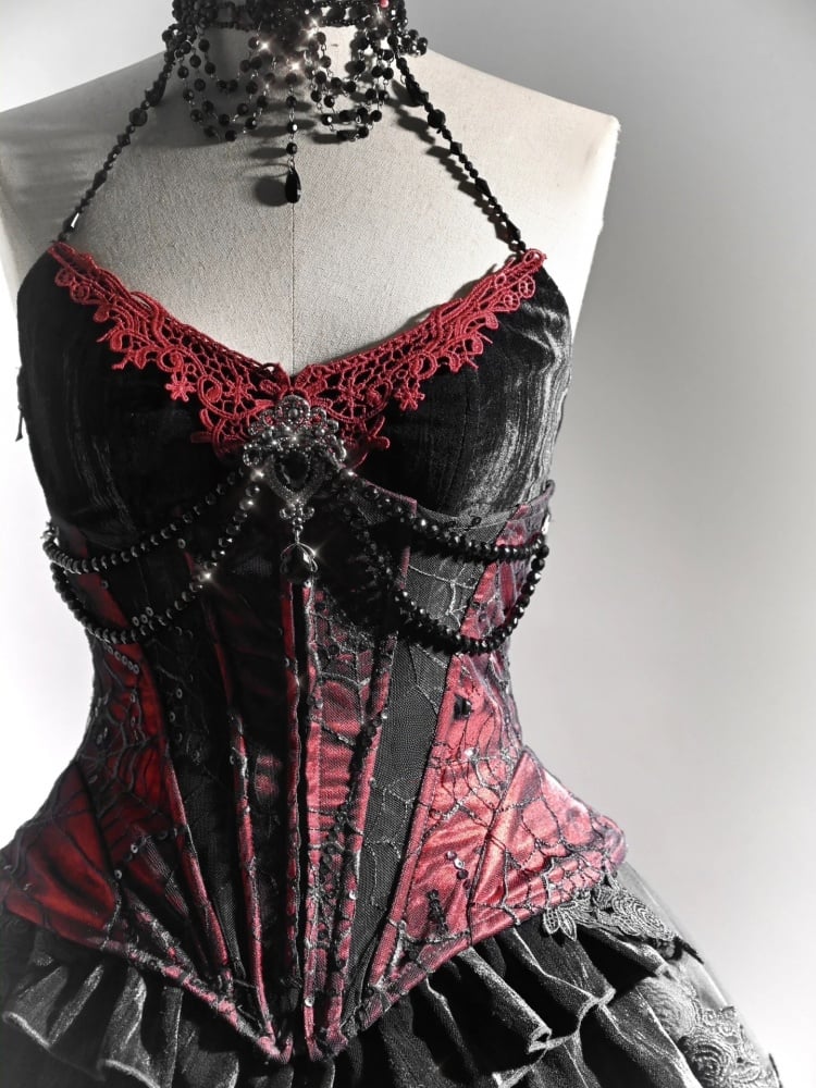 Goth Spiderweb Lace Wine Red Vampire Boned Corset - image 2