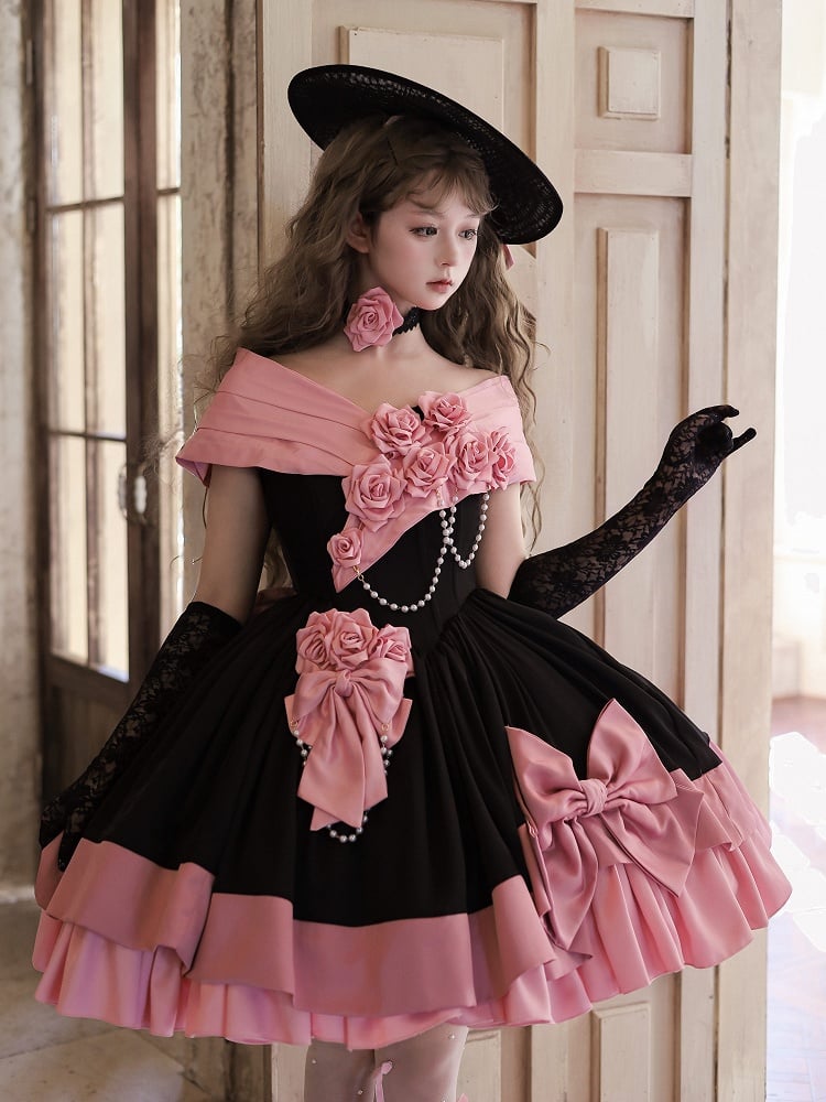 Pink and Black Roses Off-Shoulder Lolita Boned Dress, Choker and Hat Set - image 7
