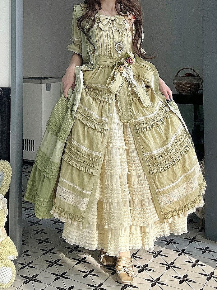 Green Layered-Ruffle Elegant Lolita Dress with Front Button Placket - image 5