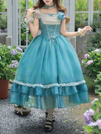 Teal Flutter-Sleeve Lolita JSK with Lace-Up Back and Tiered Skirt - image 3
