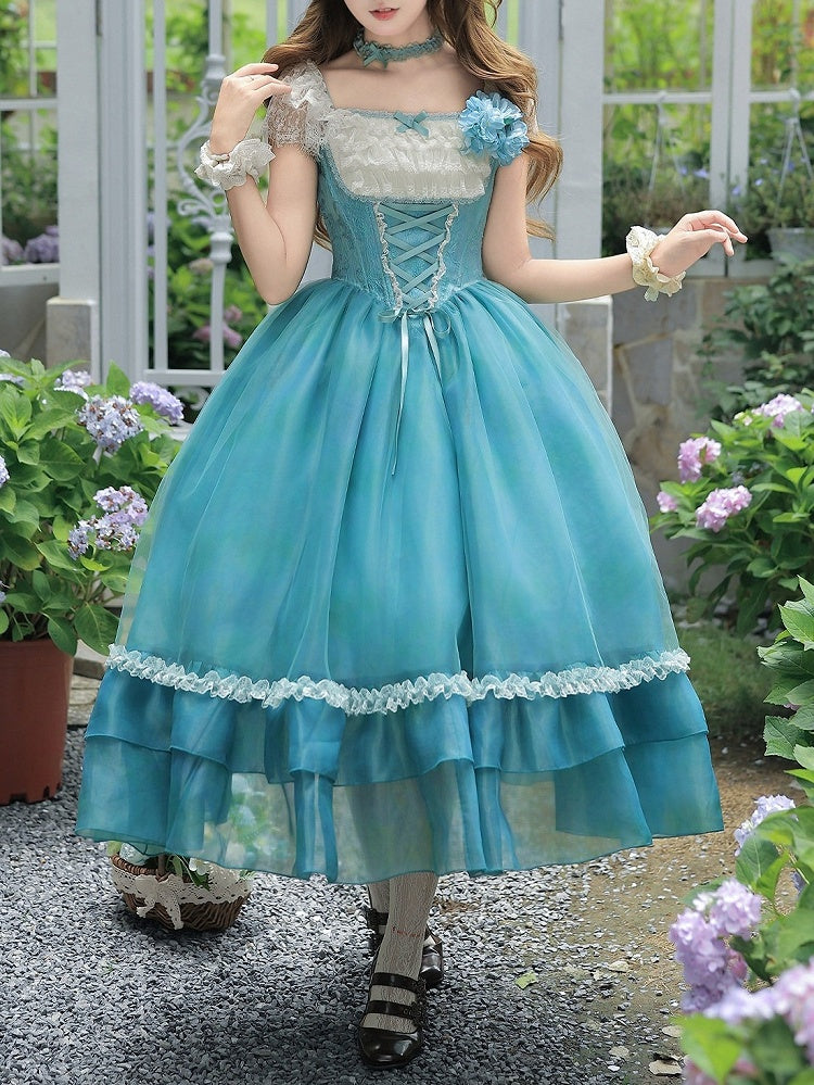 Teal Flutter-Sleeve Lolita JSK with Lace-Up Back and Tiered Skirt - image 3