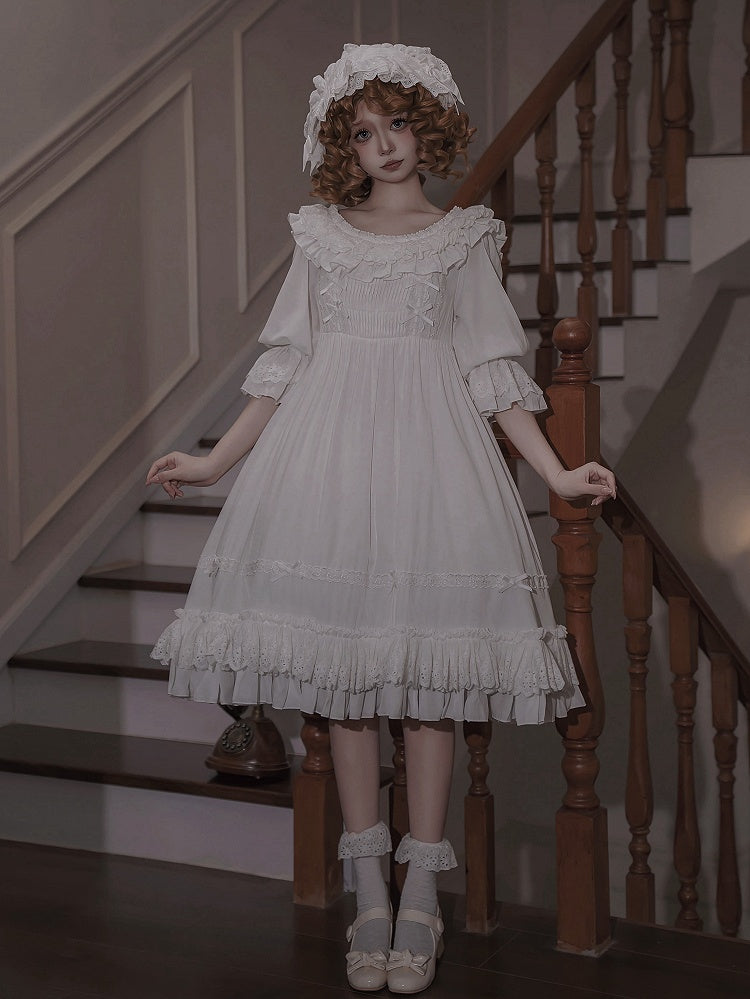 All White High-Waist Shiro Lolita Short-Sleeve Dress - image 4