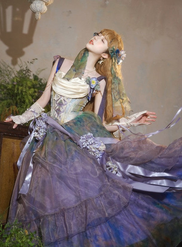 Wild Roses of Arles Purple Green Oil Painting Print Cowl Neck Tail JSK Classic Lolita Dress and Accessories - image 9