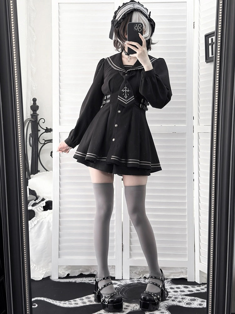 Black Sailor-Collar Jirai Kei Dress, Shorts and Tie Set - image 7