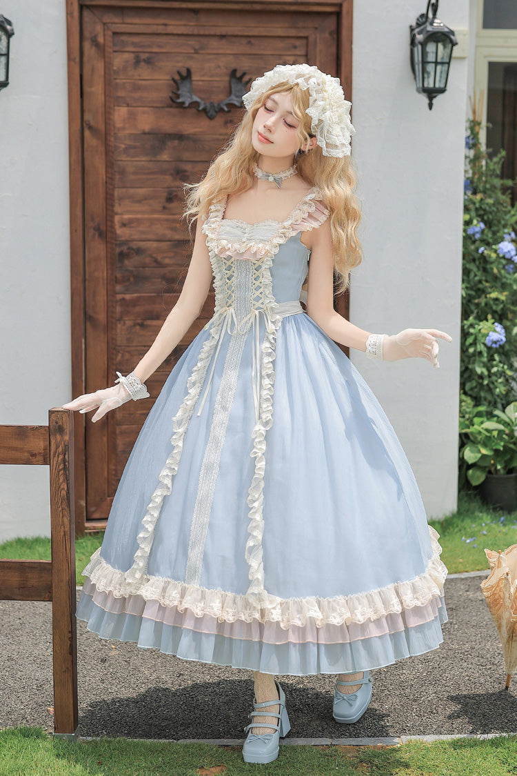 Island Diary - Square Collar Flutter Sleeves Triple-Layered Ruffled Lace-Up Sweet Lolita JSK Dress 2 Versions - image 18