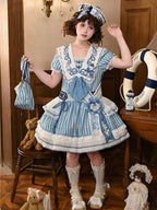 Antique Sailor Bear Blue Stripe Low Waist Lolita OP Dress - image 3