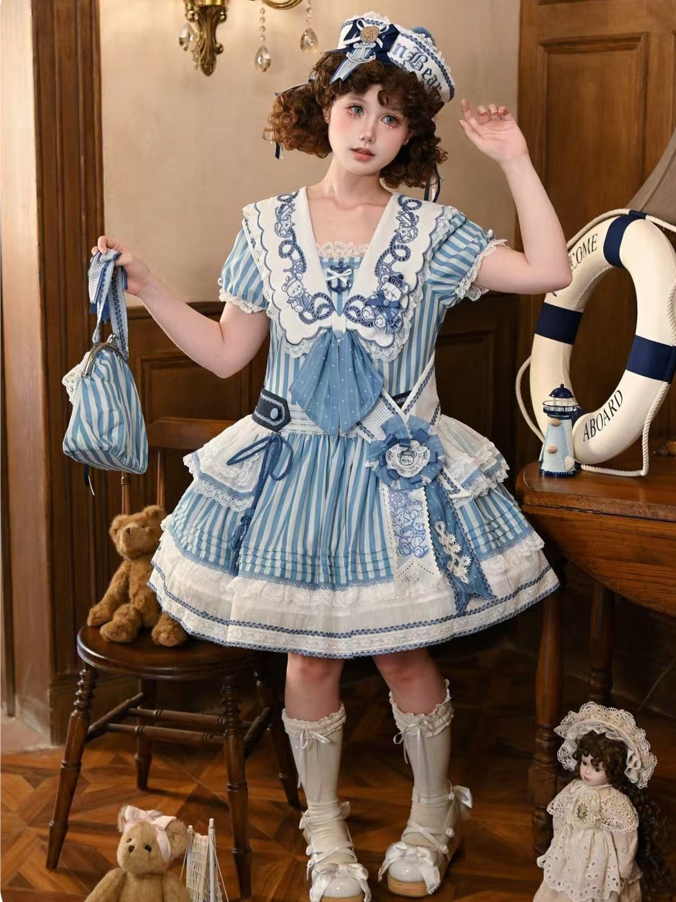 Antique Sailor Bear Blue Stripe Low Waist Lolita OP Dress - image 3