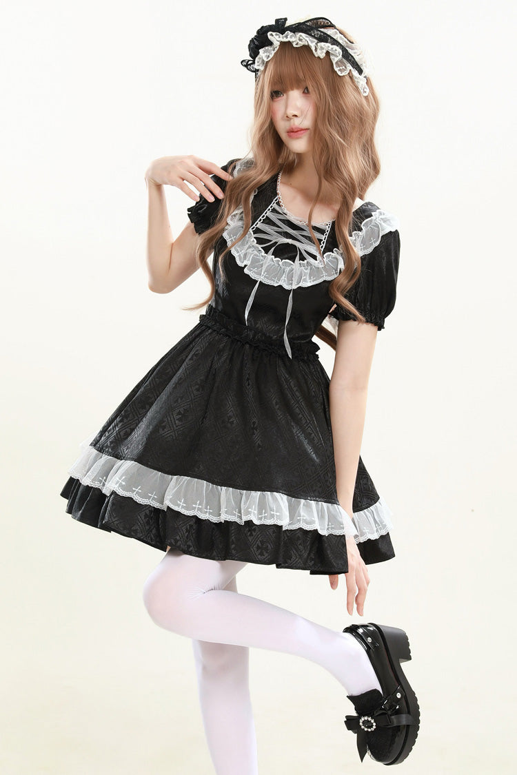 Night Alley Angel - Lapel Collar Short Sleeves Jacquard Ruffled Lace Gothic Lolita Dress - image 8