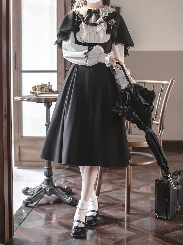 Vintage Black and White Classic Lolita Dress with Detachable Cape - image 1