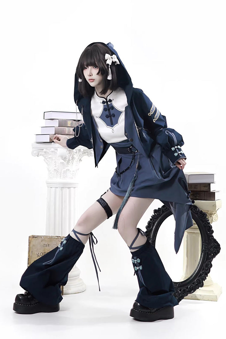 Indigo Shadow Journey - Stand Collar Long Sleeves Embroidered Hooded Asymmetric Punk Ouji Lolita Dress Four-Piece Set - image 16