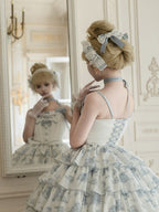Blue and White Floral Print Lolita JSK with Bow Details - image 16