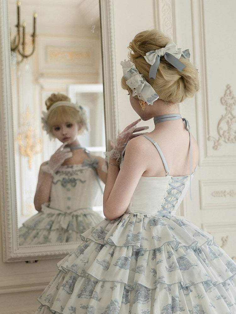 Blue and White Floral Print Lolita JSK with Bow Details - image 16