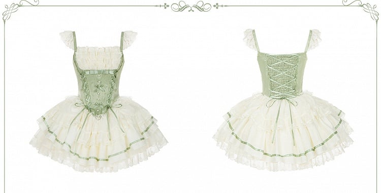 Beige and Green Boned Corset Waist Short JSK Dress Set - image 6