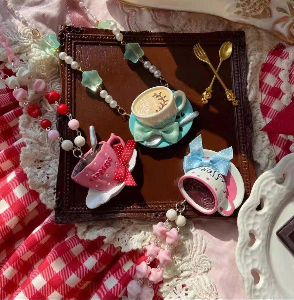 Old School Lolita Beaded Necklace, Coffee Cup Pendant - image 1