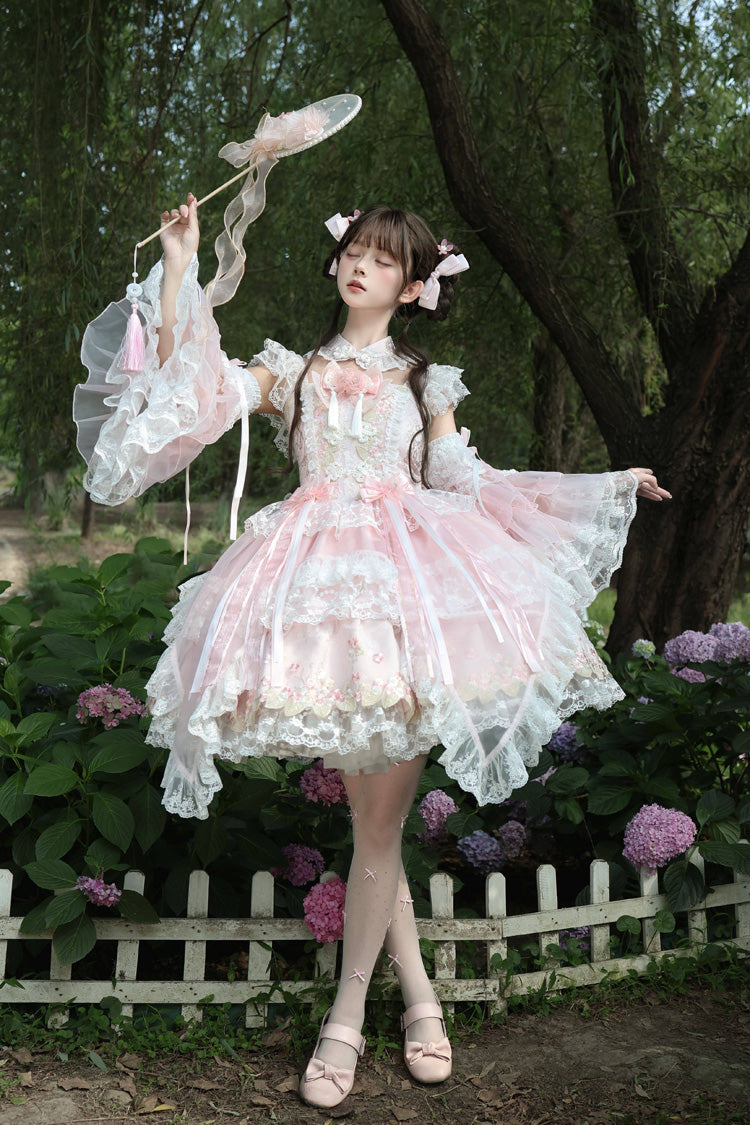 Spring Entwined with Cherry Clouds - Short Sleeves Embroidered Bow Lace Sweet Lolita Dress - image 10
